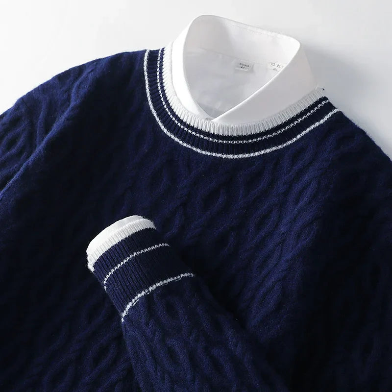 100 Pure Sweater Mens Round Neck Thickened Business Knitted Bottoming Shirt Youth Jacquard Sweater For Autumn And Winter