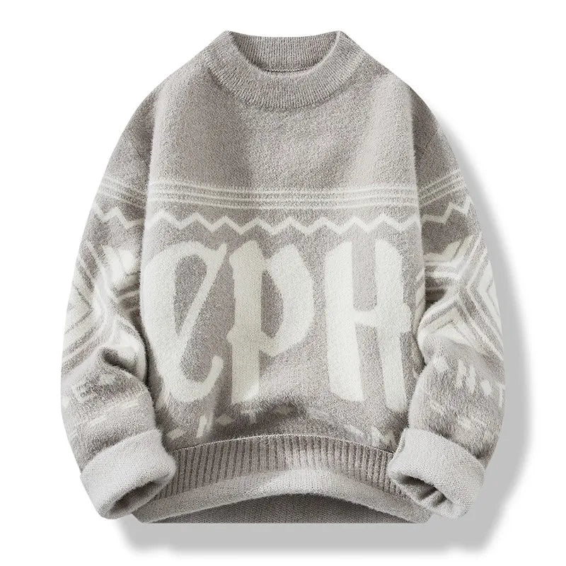Mens Pullover Round Neck Loose Striped Contrast Letter Warm Hoodies Casual Fashion Elegant Autumnwinter Commuting Knitwear