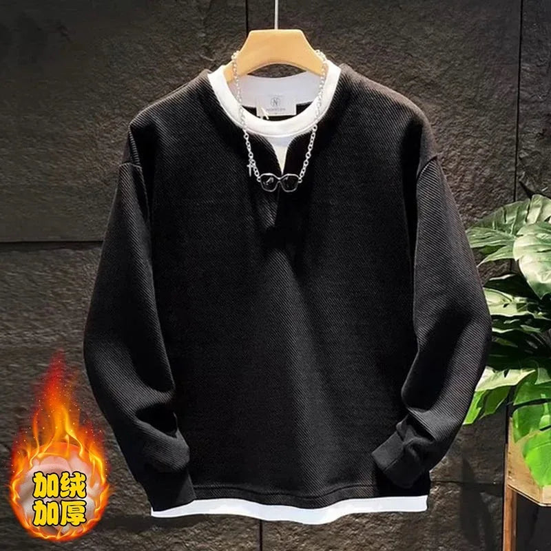 Autumn New Fake Two Piece Mens Allmatch Pullovers Top Long Sleeve Plus Size Loose Casual Hoodies Fashion Korean Men Clothing