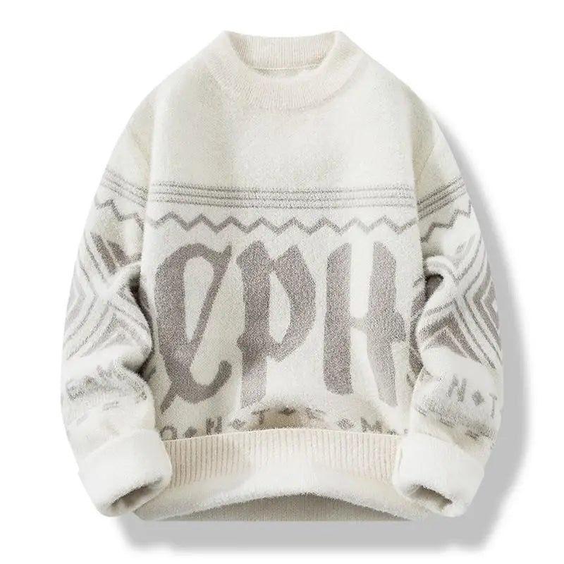 Mens Pullover Round Neck Loose Striped Contrast Letter Warm Hoodies Casual Fashion Elegant Autumnwinter Commuting Knitwear