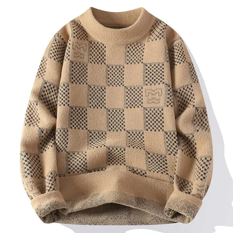 New Checkered Knitted Sweater American 2024 Trendy Mens Tops Classic Autumn Knitted Hoodie Fashionable Slimming Harajuku
