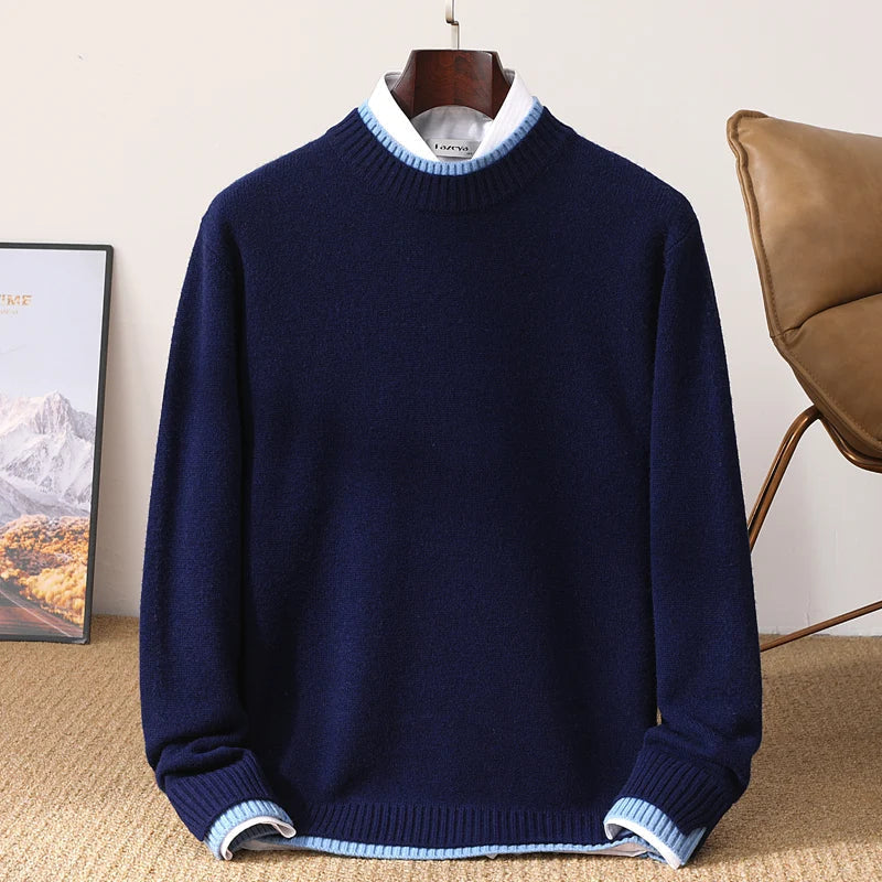 Thickened 100 Pure Wool Mens Semihigh Neck Autumn And Winter New Contrast Bottoming Sweater Business Warm Coat