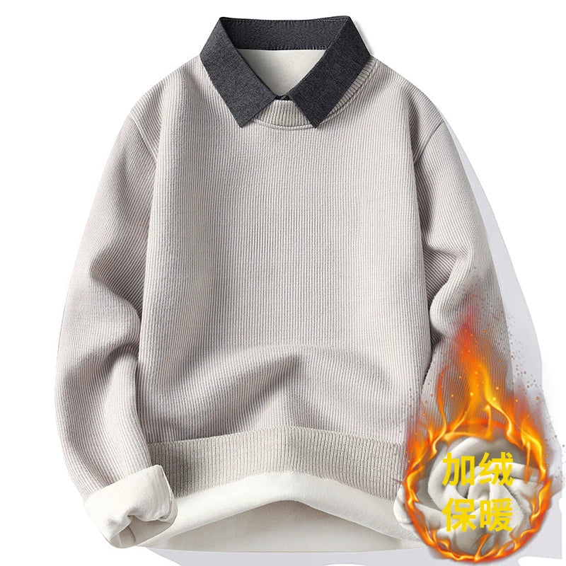 Mens Fashionable Turndown Collar Sweater Stylish Autumn And Winter Mens Fake Twopiece Knitted Versatile Shirt Collar Thick