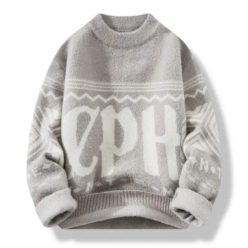 Mens Pullover Round Neck Loose Striped Contrast Letter Warm Hoodies Casual Fashion Elegant Autumnwinter Commuting Knitwear
