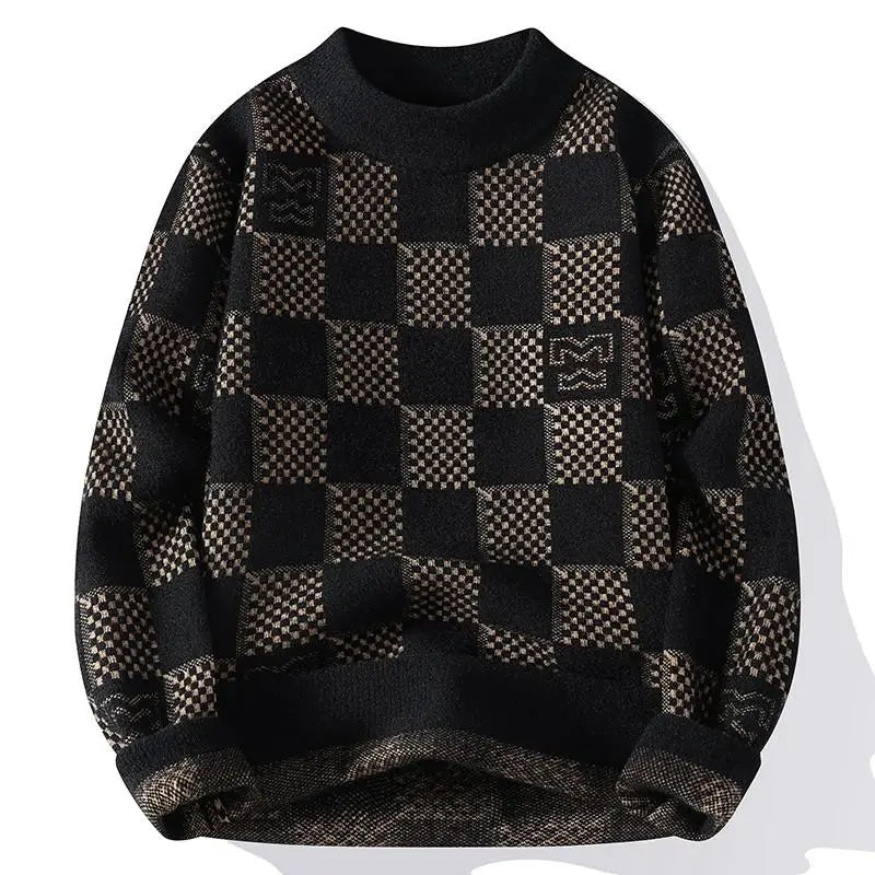 New Checkered Knitted Sweater American 2024 Trendy Mens Tops Classic Autumn Knitted Hoodie Fashionable Slimming Harajuku