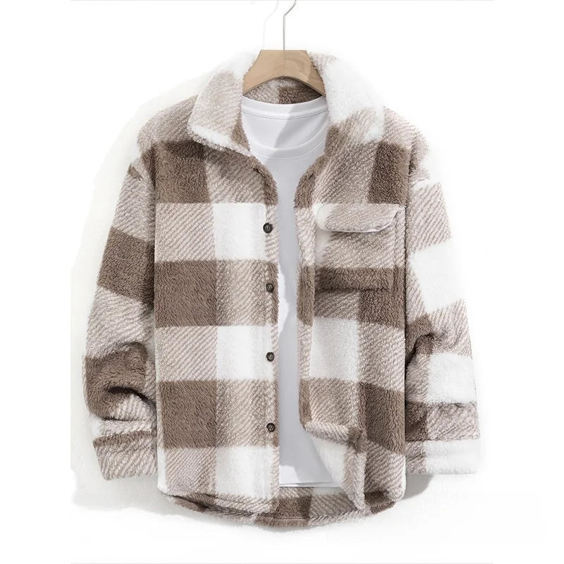 Casual Plaid Mens Jacket Spring Autumn New Style Middle Youth Breathable Loose Fit Button Up Outerwear Fashionable Top