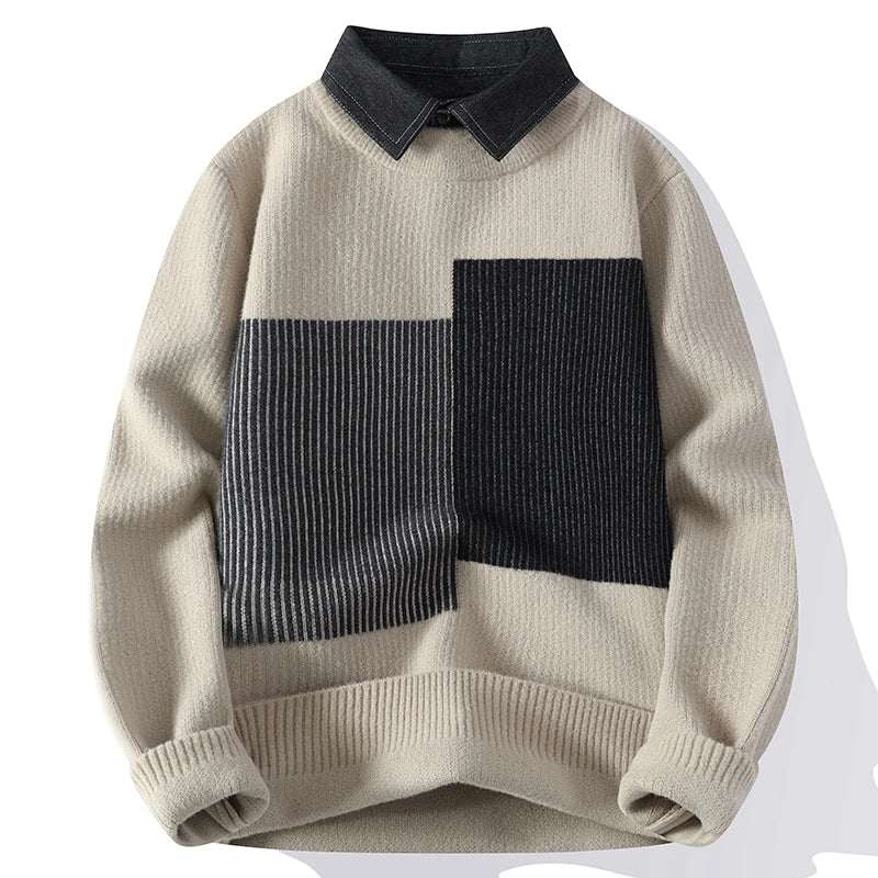 Autumn Winter Mens Clothing Turndown Collar Pullover Striped Patchwork Long Sleeve Fake Two Pieces Sweater Knitted Tops
