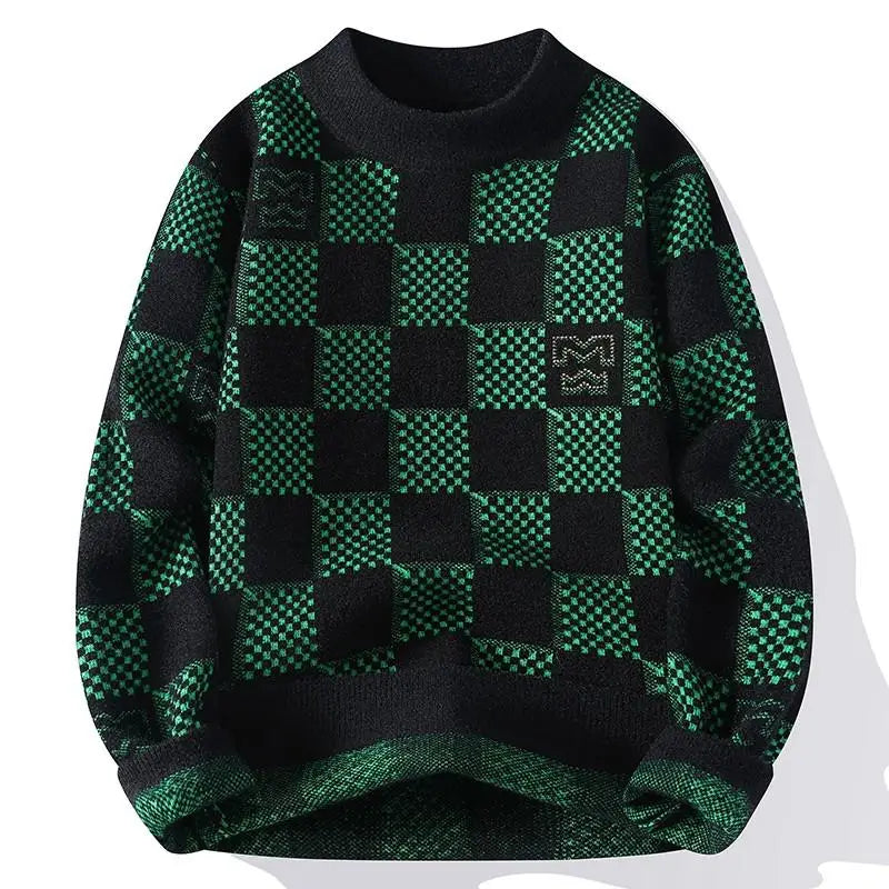New Checkered Knitted Sweater American 2024 Trendy Mens Tops Classic Autumn Knitted Hoodie Fashionable Slimming Harajuku