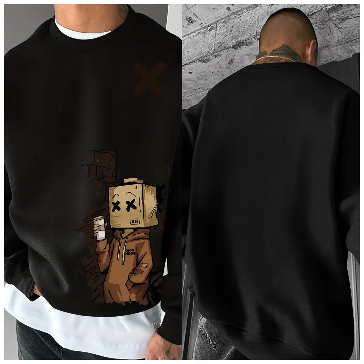 New Mens Autumn Fashion Cartoon Letter Print Comfortable Soft Long Sleeved Sweatshirt Outdoor Urban Pullover