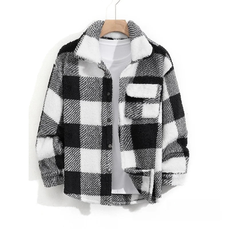 Casual Plaid Mens Jacket Spring Autumn New Style Middle Youth Breathable Loose Fit Button Up Outerwear Fashionable Top