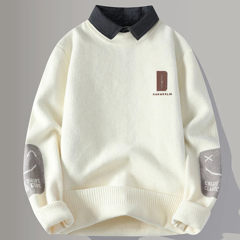 2024 Winter Fashion Fake Two Pieces Sweater Men Casual Knit Pullovers Mens Thick Warm Loose Knitted Sweaters Streetwear Man