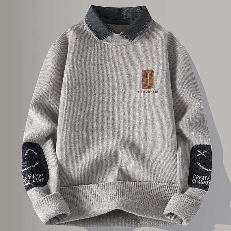 2024 Winter Fashion Fake Two Pieces Sweater Men Casual Knit Pullovers Mens Thick Warm Loose Knitted Sweaters Streetwear Man