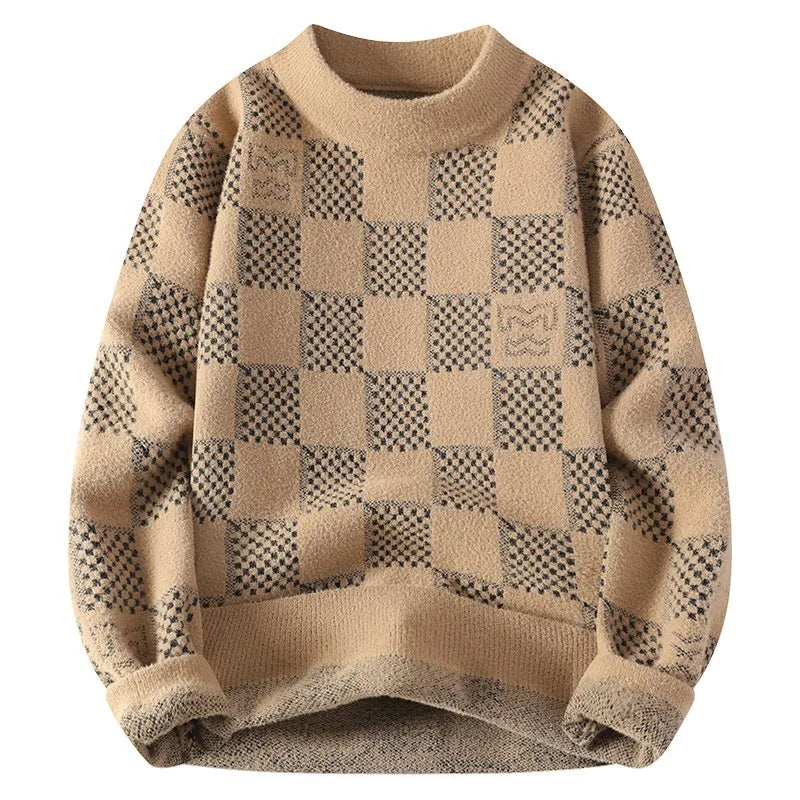 New Checkered Knitted Sweater American 2024 Trendy Mens Tops Classic Autumn Knitted Hoodie Fashionable Slimming Harajuku