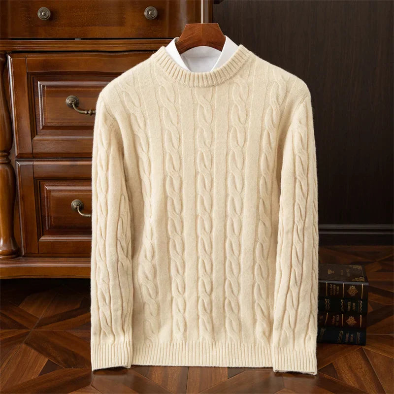 Autumn And Winter New Wool Sweater Mens Round Collar Pure Color Pullover Jacquard Thick Sweater Loose Cashmere Sweater