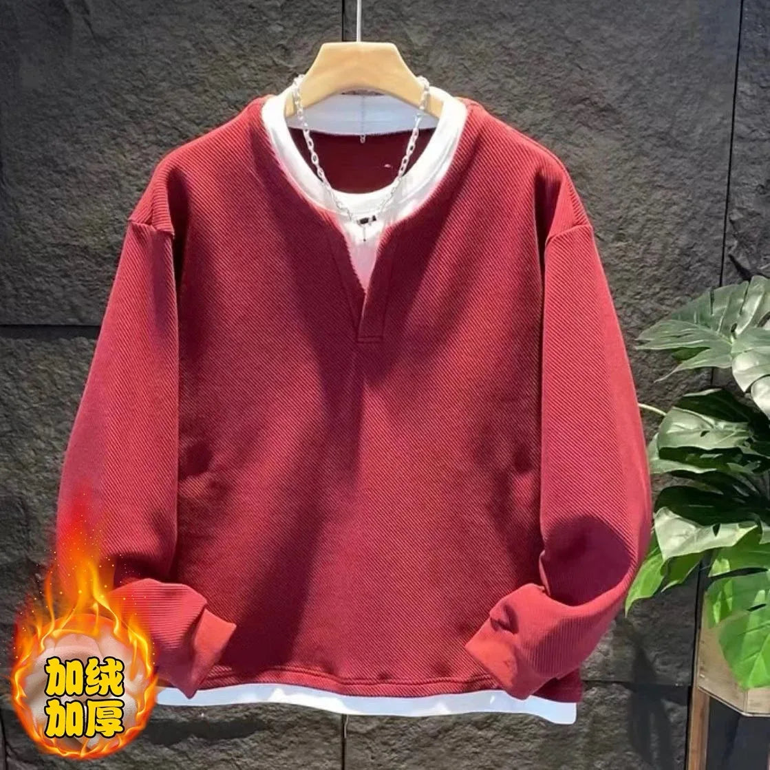 Autumn New Fake Two Piece Mens Allmatch Pullovers Top Long Sleeve Plus Size Loose Casual Hoodies Fashion Korean Men Clothing