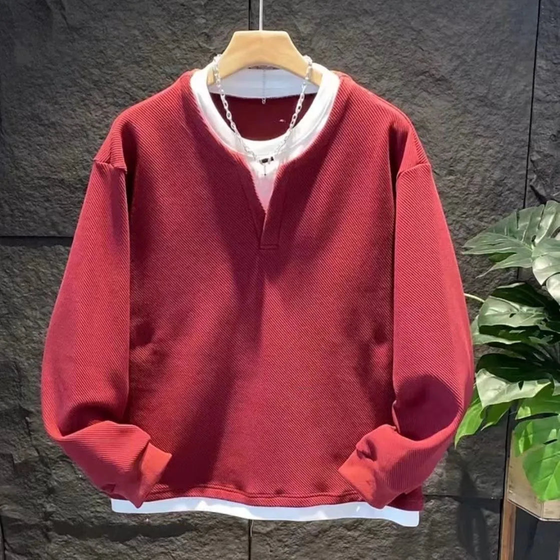 Autumn New Fake Two Piece Mens Allmatch Pullovers Top Long Sleeve Plus Size Loose Casual Hoodies Fashion Korean Men Clothing