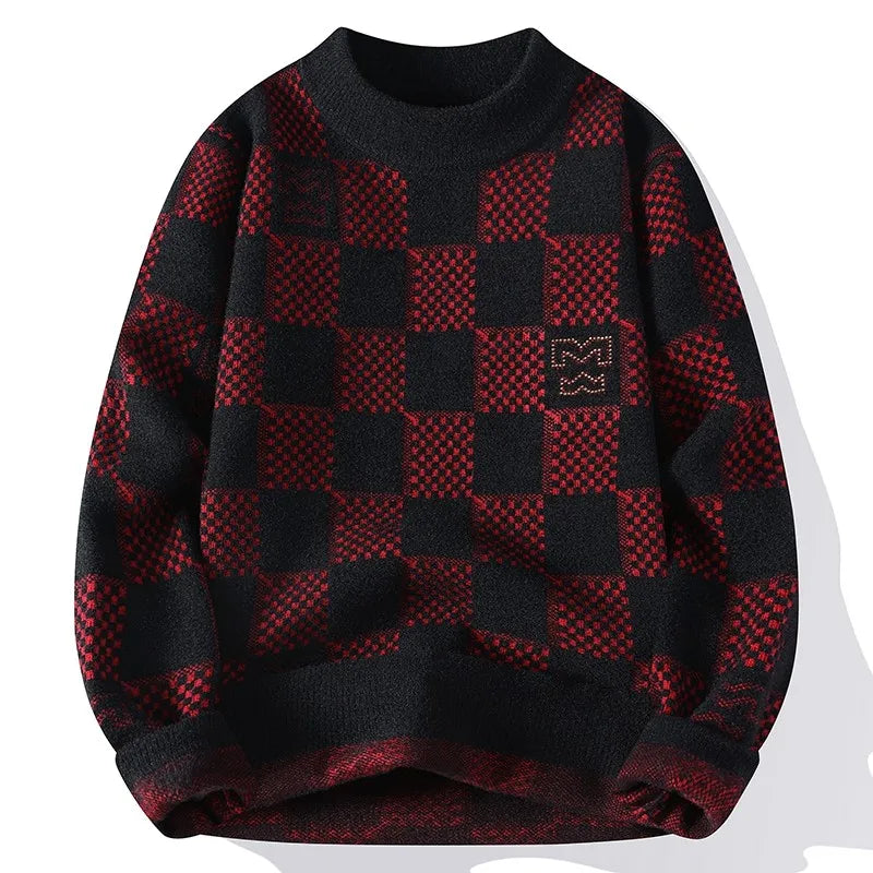 New Checkered Knitted Sweater American 2024 Trendy Mens Tops Classic Autumn Knitted Hoodie Fashionable Slimming Harajuku