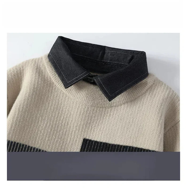 Autumn Winter Mens Clothing Turndown Collar Pullover Striped Patchwork Long Sleeve Fake Two Pieces Sweater Knitted Tops