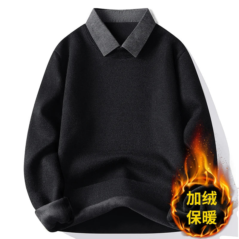 Mens Fashionable Turndown Collar Sweater Stylish Autumn And Winter Mens Fake Twopiece Knitted Versatile Shirt Collar Thick