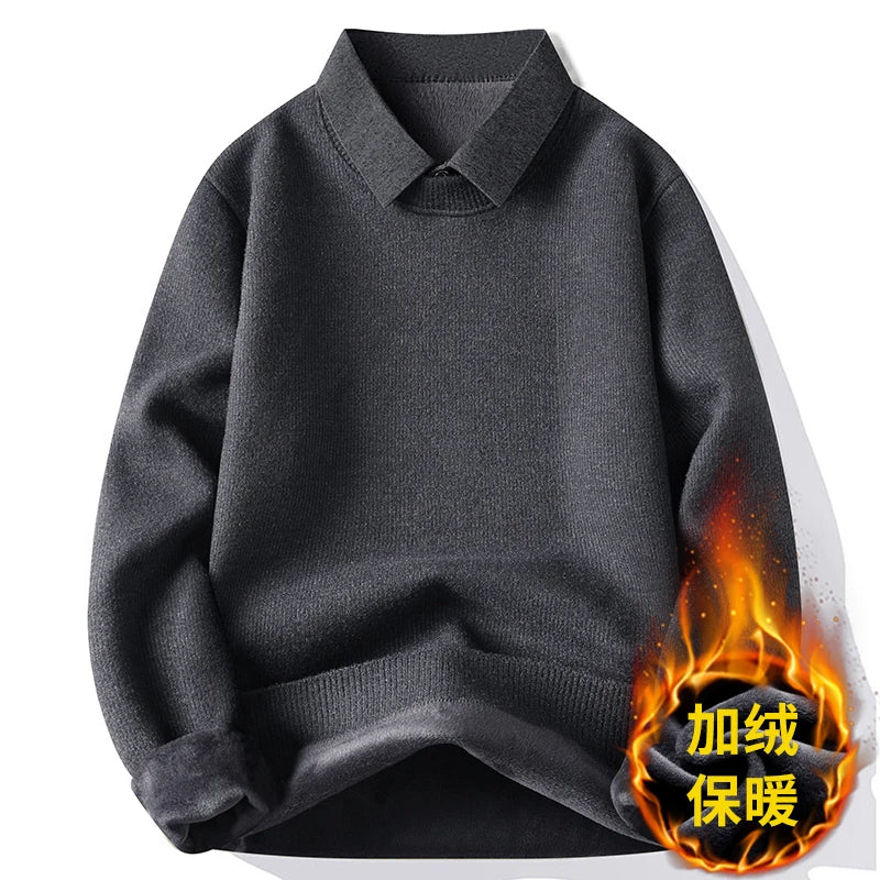 Mens Fashionable Turndown Collar Sweater Stylish Autumn And Winter Mens Fake Twopiece Knitted Versatile Shirt Collar Thick