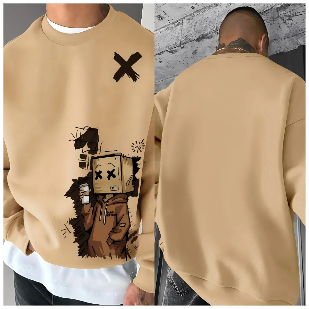 New Mens Autumn Fashion Cartoon Letter Print Comfortable Soft Long Sleeved Sweatshirt Outdoor Urban Pullover