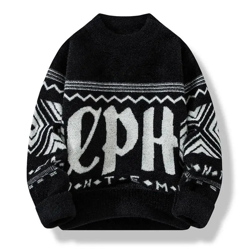 Mens Pullover Round Neck Loose Striped Contrast Letter Warm Hoodies Casual Fashion Elegant Autumnwinter Commuting Knitwear