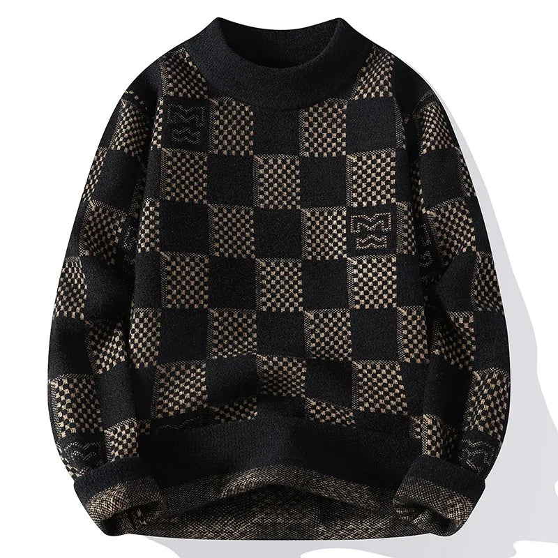 New Checkered Knitted Sweater American 2024 Trendy Mens Tops Classic Autumn Knitted Hoodie Fashionable Slimming Harajuku