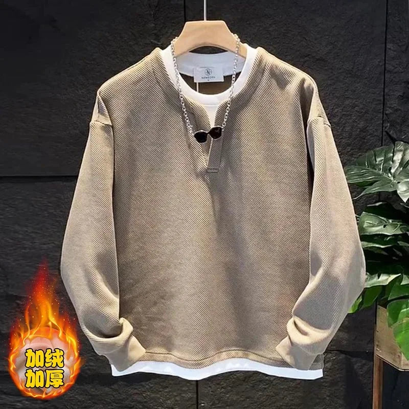 Autumn New Fake Two Piece Mens Allmatch Pullovers Top Long Sleeve Plus Size Loose Casual Hoodies Fashion Korean Men Clothing
