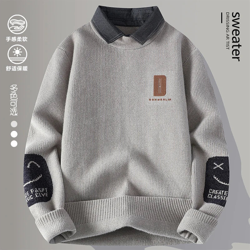 2024 Winter Fashion Fake Two Pieces Sweater Men Casual Knit Pullovers Mens Thick Warm Loose Knitted Sweaters Streetwear Man