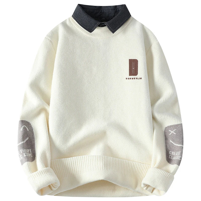 2024 Winter Fashion Fake Two Pieces Sweater Men Casual Knit Pullovers Mens Thick Warm Loose Knitted Sweaters Streetwear Man