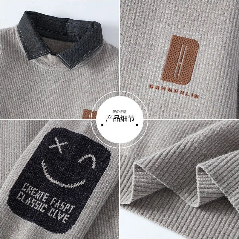 2024 Winter Fashion Fake Two Pieces Sweater Men Casual Knit Pullovers Mens Thick Warm Loose Knitted Sweaters Streetwear Man