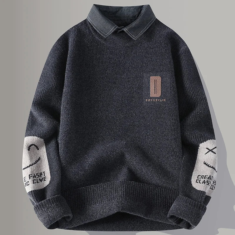 2024 Winter Fashion Fake Two Pieces Sweater Men Casual Knit Pullovers Mens Thick Warm Loose Knitted Sweaters Streetwear Man