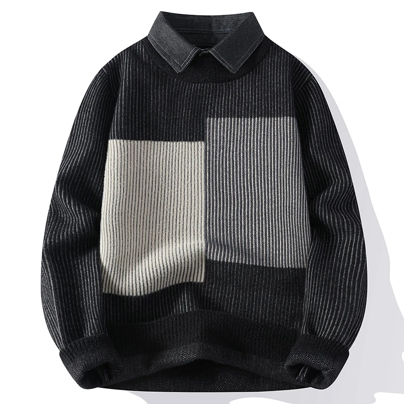 Autumn Winter Mens Clothing Turndown Collar Pullover Striped Patchwork Long Sleeve Fake Two Pieces Sweater Knitted Tops