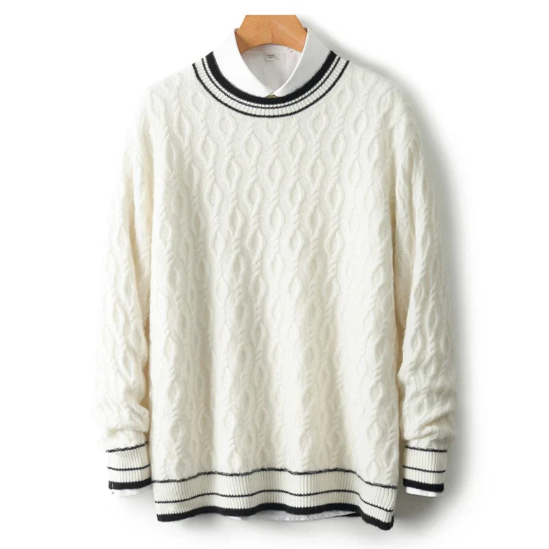 100 Pure Sweater Mens Round Neck Thickened Business Knitted Bottoming Shirt Youth Jacquard Sweater For Autumn And Winter