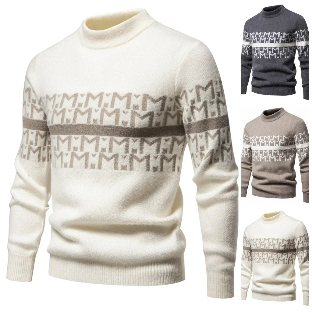 Mens Autumn Winter Knitted Sweater Round Neck Warm Inner Wear Loose Cashmere Flower Patterned Top Youth Casual Long Sleeve
