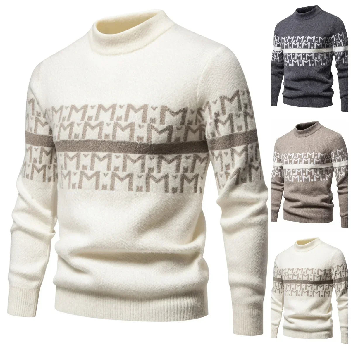 Mens Autumn Winter Knitted Sweater Round Neck Warm Inner Wear Loose Cashmere Flower Patterned Top Youth Casual Long Sleeve