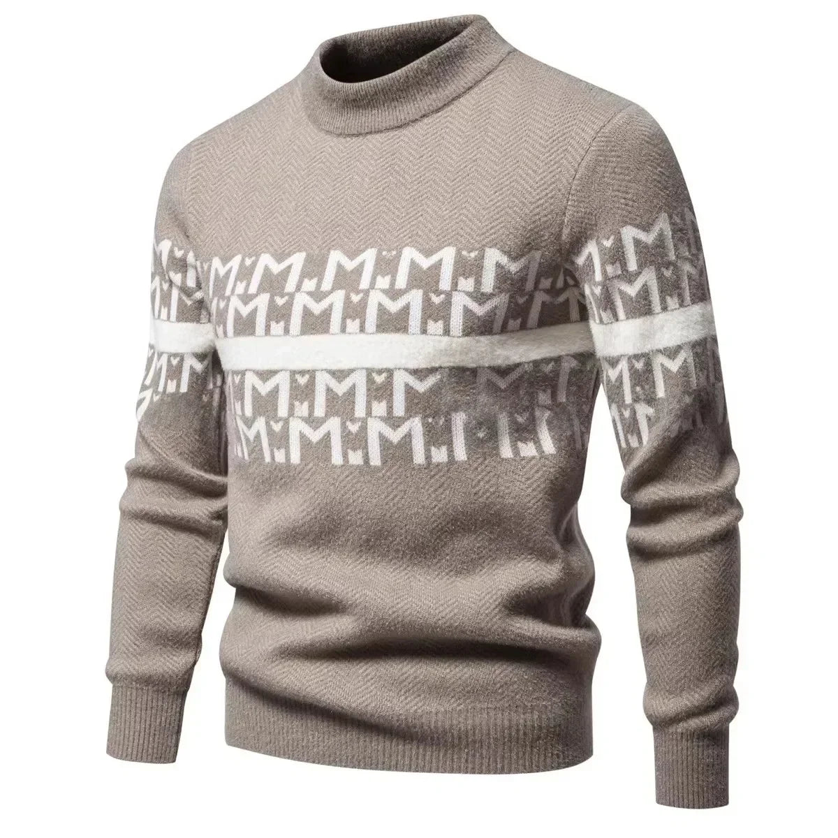 Mens Autumn Winter Knitted Sweater Round Neck Warm Inner Wear Loose Cashmere Flower Patterned Top Youth Casual Long Sleeve