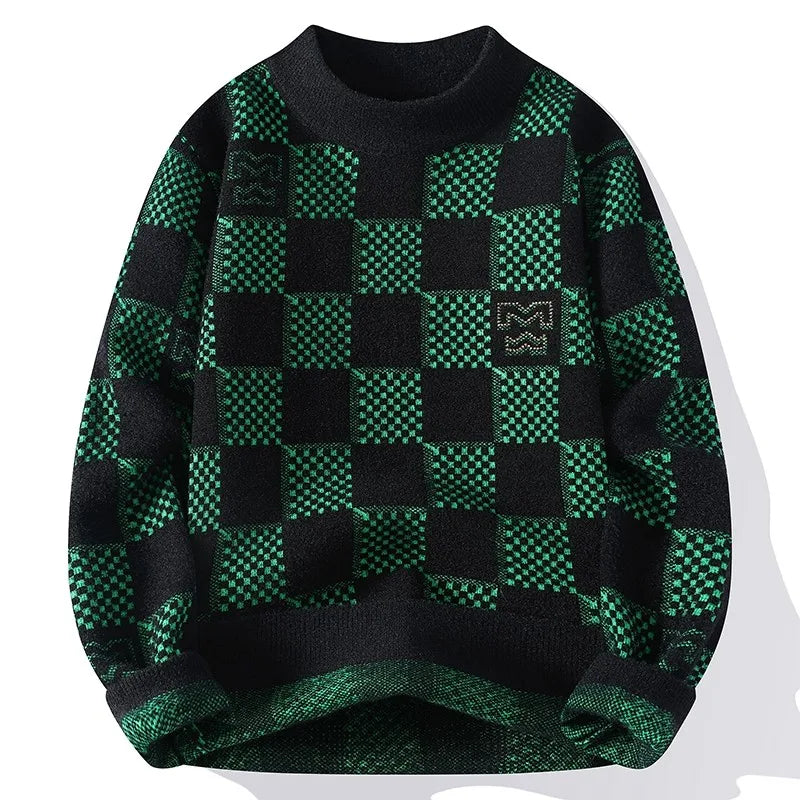 New Checkered Knitted Sweater American 2024 Trendy Mens Tops Classic Autumn Knitted Hoodie Fashionable Slimming Harajuku