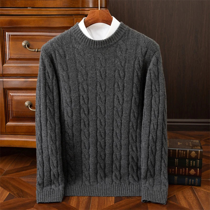 Autumn And Winter New Wool Sweater Mens Round Collar Pure Color Pullover Jacquard Thick Sweater Loose Cashmere Sweater