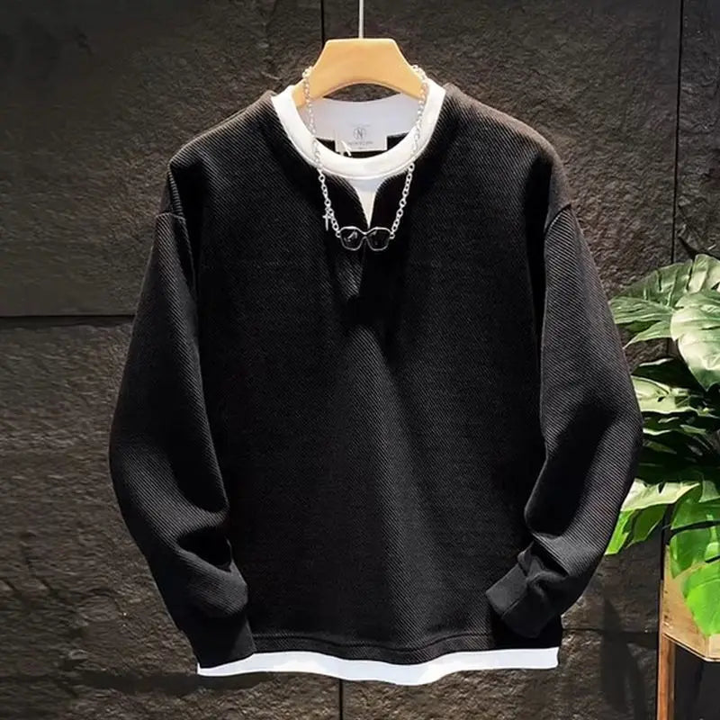 Autumn New Fake Two Piece Mens Allmatch Pullovers Top Long Sleeve Plus Size Loose Casual Hoodies Fashion Korean Men Clothing