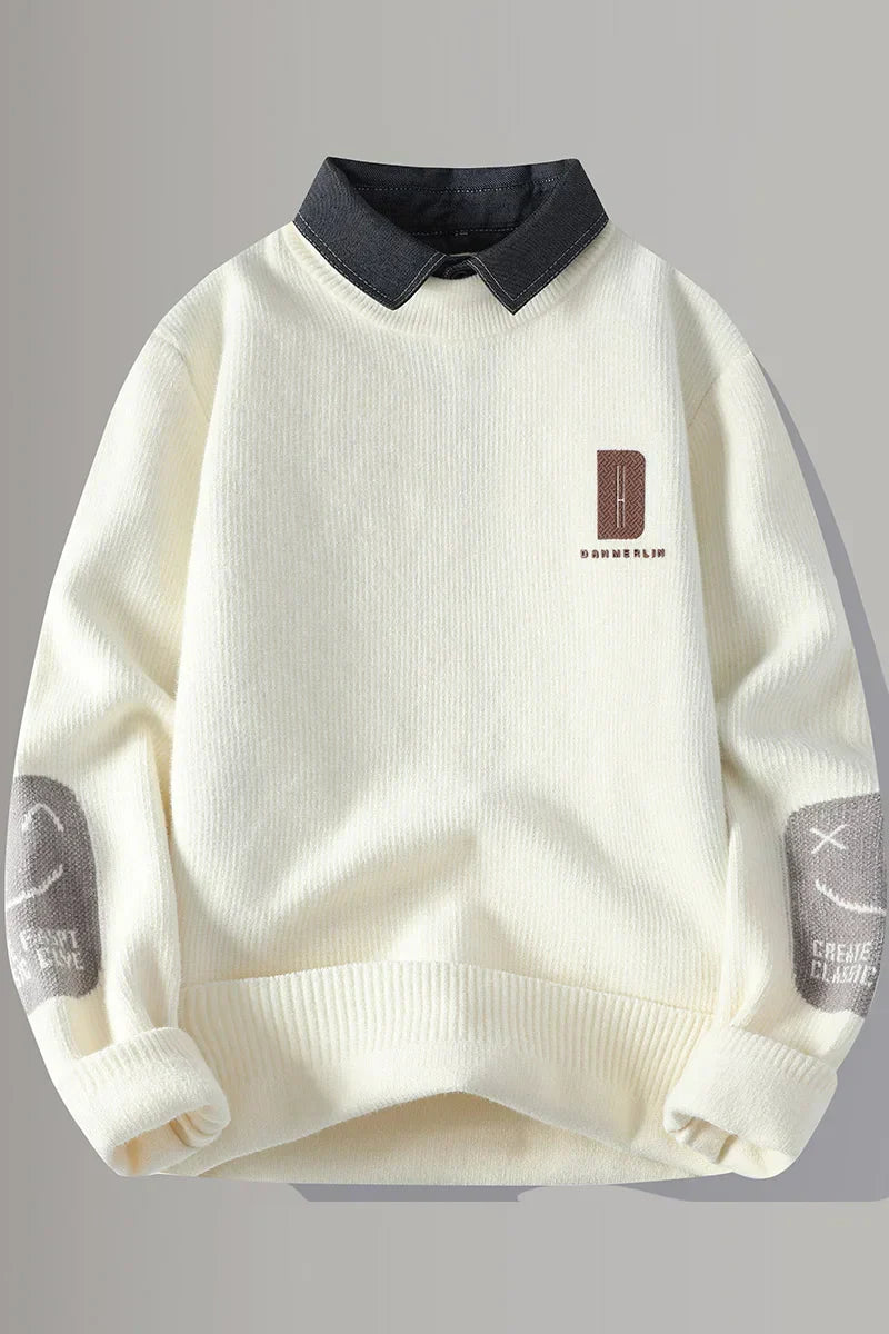 2024 Winter Fashion Fake Two Pieces Sweater Men Casual Knit Pullovers Mens Thick Warm Loose Knitted Sweaters Streetwear Man
