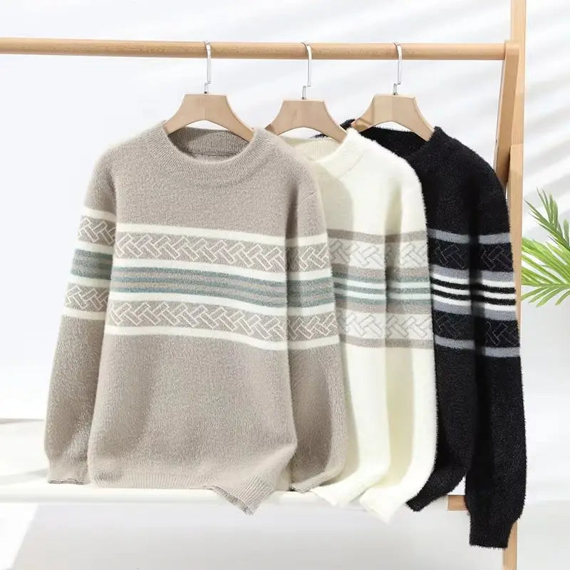 2024 Winter New Style Mens Sweater Knitted Striped Men Fashion Sweaters Thicken Warm Wool Pullovers Sweater Male Clothing