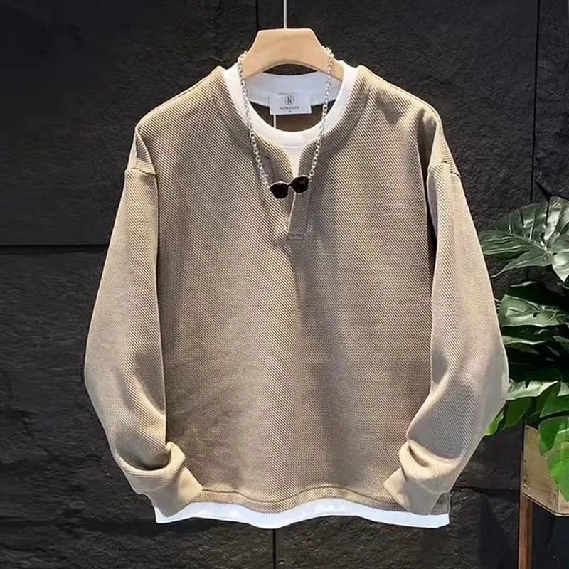 Autumn New Fake Two Piece Mens Allmatch Pullovers Top Long Sleeve Plus Size Loose Casual Hoodies Fashion Korean Men Clothing