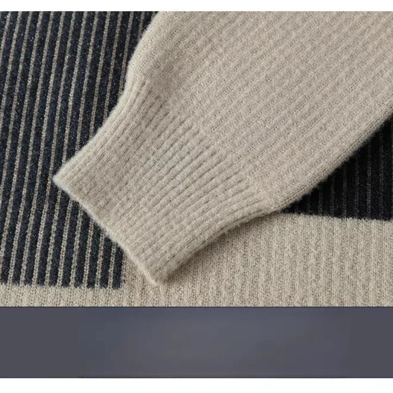 Autumn Winter Mens Clothing Turndown Collar Pullover Striped Patchwork Long Sleeve Fake Two Pieces Sweater Knitted Tops