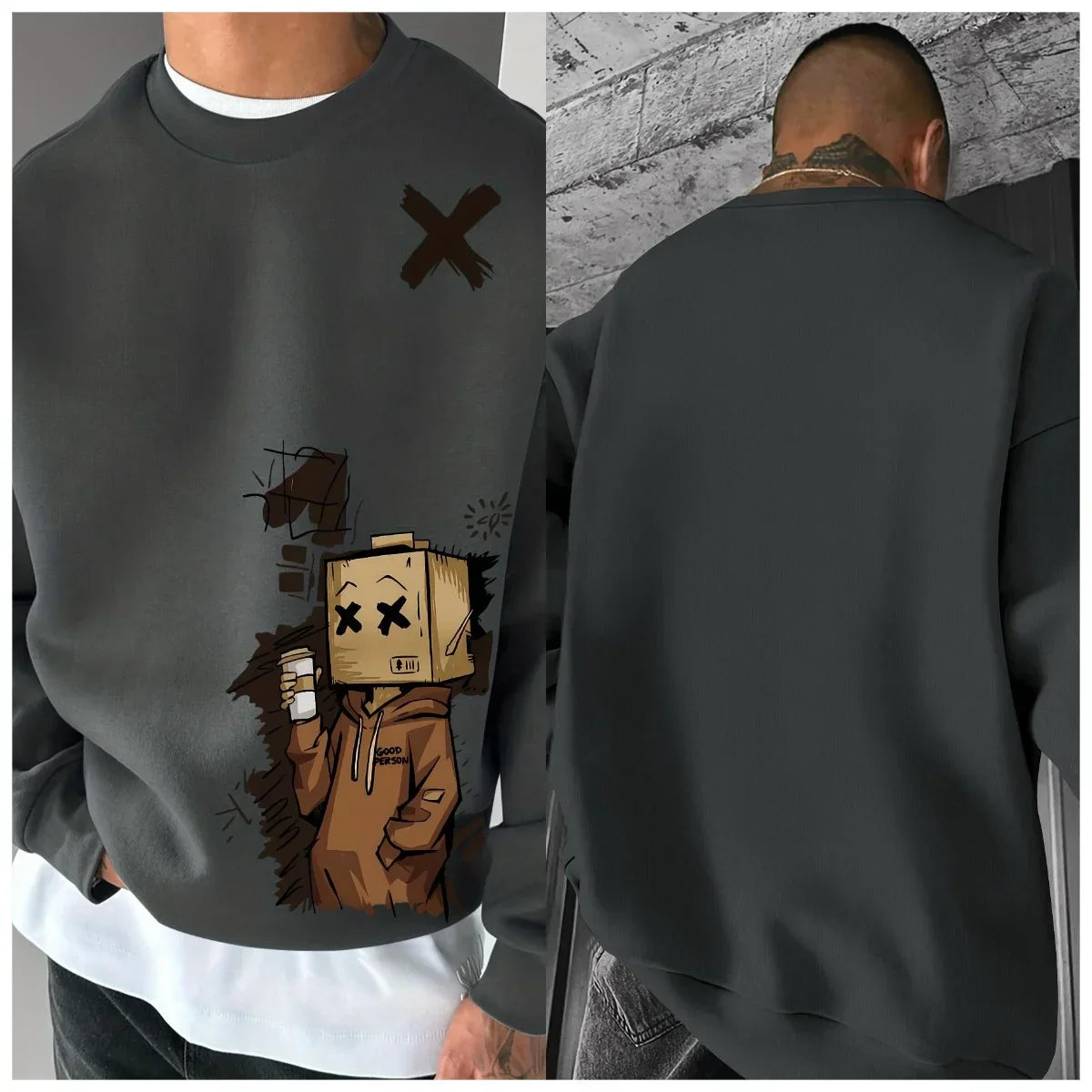 New Mens Autumn Fashion Cartoon Letter Print Comfortable Soft Long Sleeved Sweatshirt Outdoor Urban Pullover