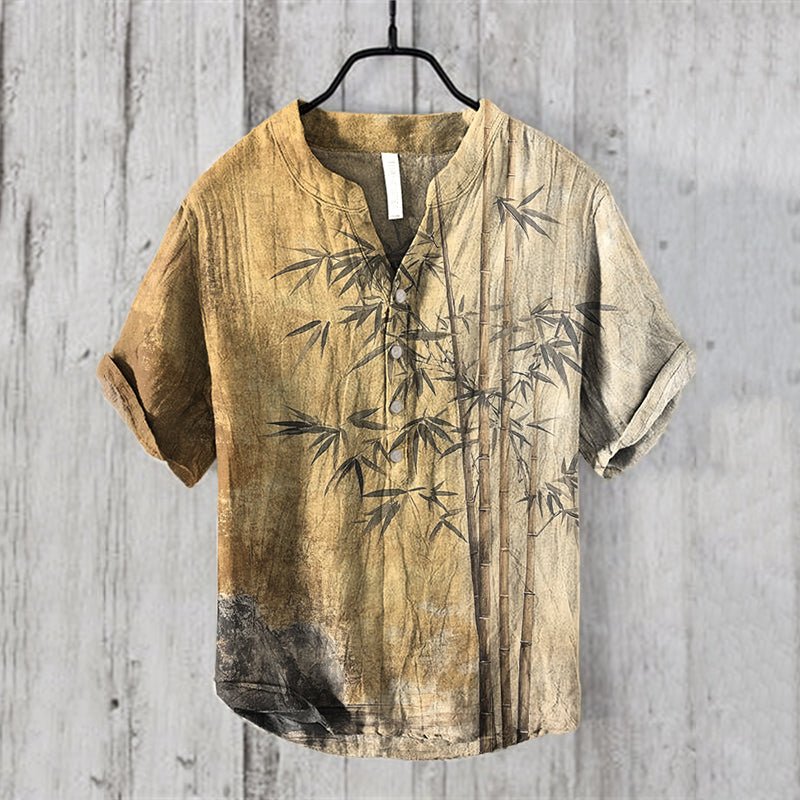 Men’s Japanese Art Bamboo Casual Short Sleeve Shirt | Premium Cotton Linen Shirt for Men