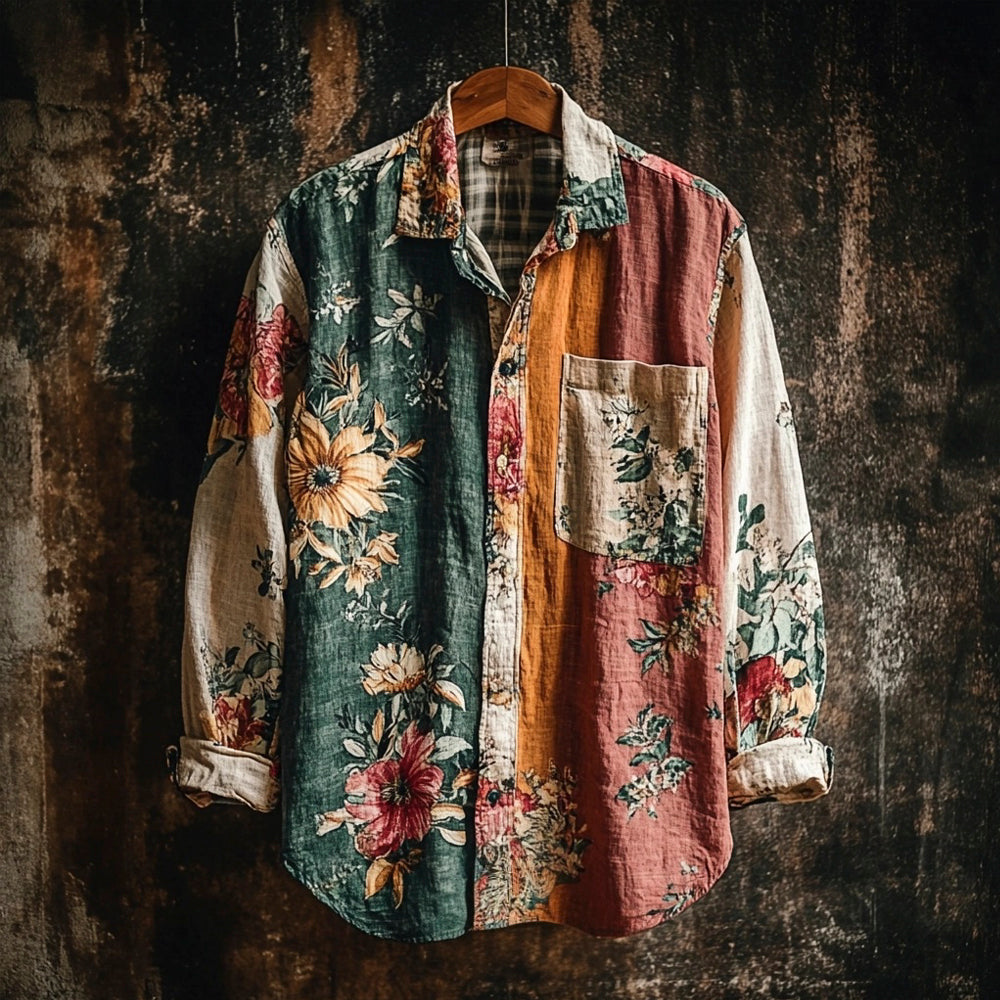 Vintage Floral Color Blocking Men’s Linen Long Sleeve Shirt | Premium Cotton Linen Shirt for Men
