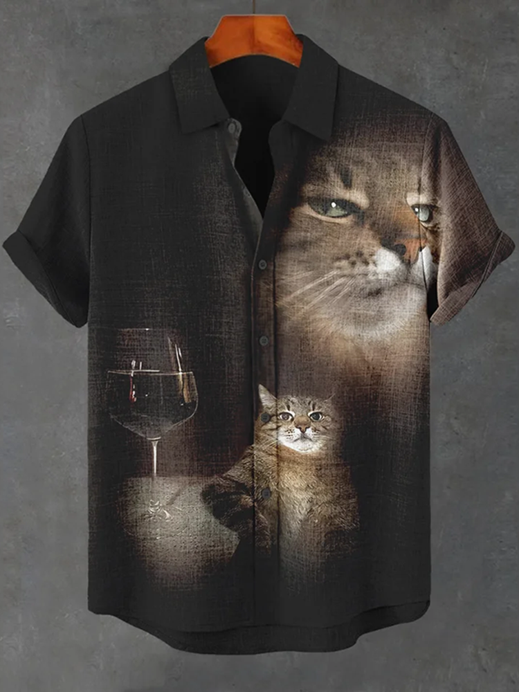 Men’s Funny Cat And Wine Art Casual Short Sleeve Shirts | Premium Cotton Linen Shirt for Men