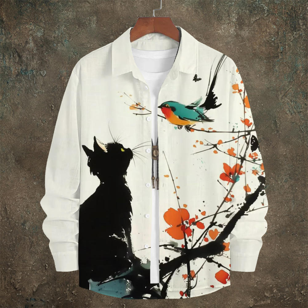 Black Cat & Bird Japanese Art Men’s Linen Long Sleeve Shirt | Premium Cotton Linen Shirt for Men