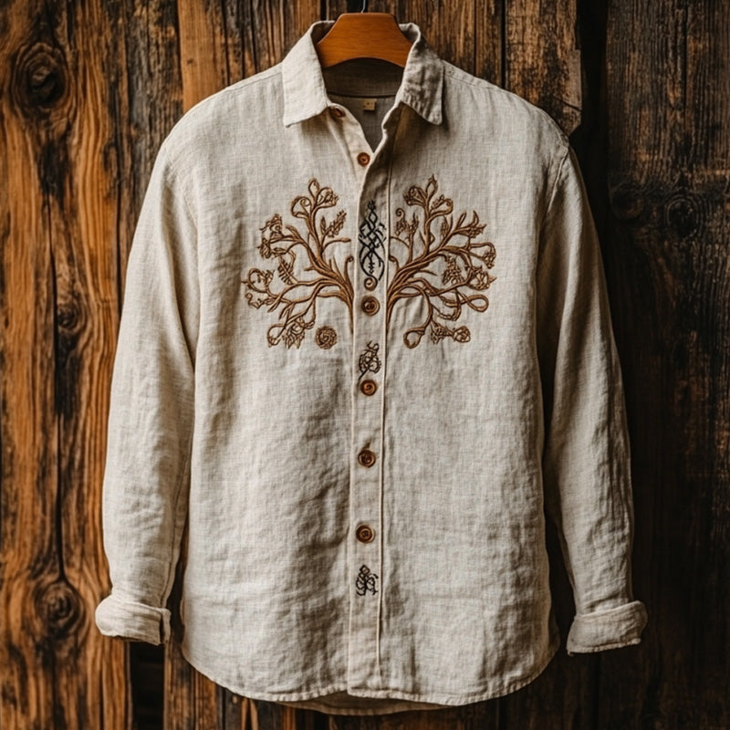 Men’s Viking Life Of Tree Celtic Knot Art Linen V-neck Shirt | Premium Cotton Linen Shirt for Men